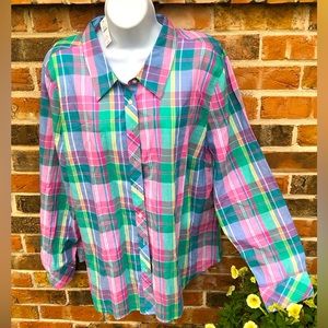 Talbots Pink,Green,Yellow Plaid  Button-down 100% Cotton Shirt Size XL NWTags